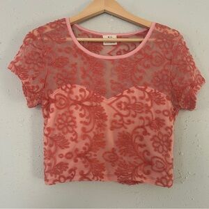 Urban Outfitters Pins & Needles Pink Coral Floral Lace Sheer Crop Top Large